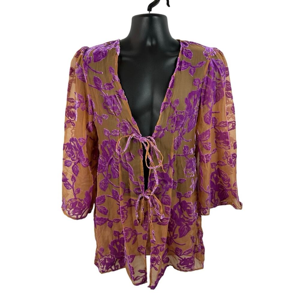 Urban Outfitters Fiona Burnout Sheer Floral Robe Velour OSFM Tie Front Intimates